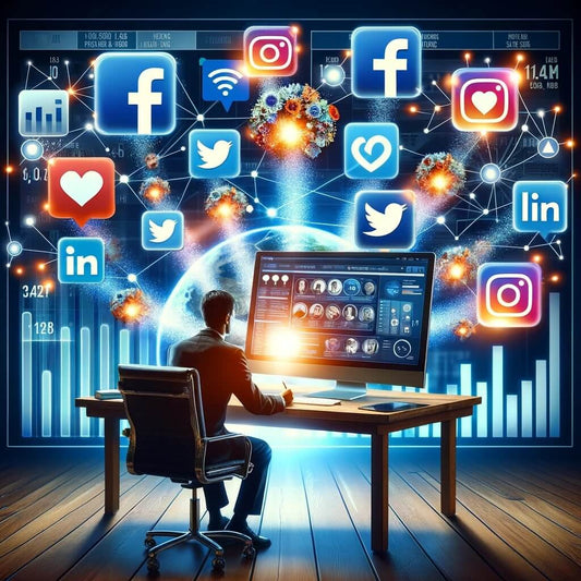 Empresario analizando estrategia de redes sociales con íconos de Facebook, Instagram, Twitter, LinkedIn, y YouTube en pantalla, simbolizando crecimiento empresarial y retroalimentación positiva